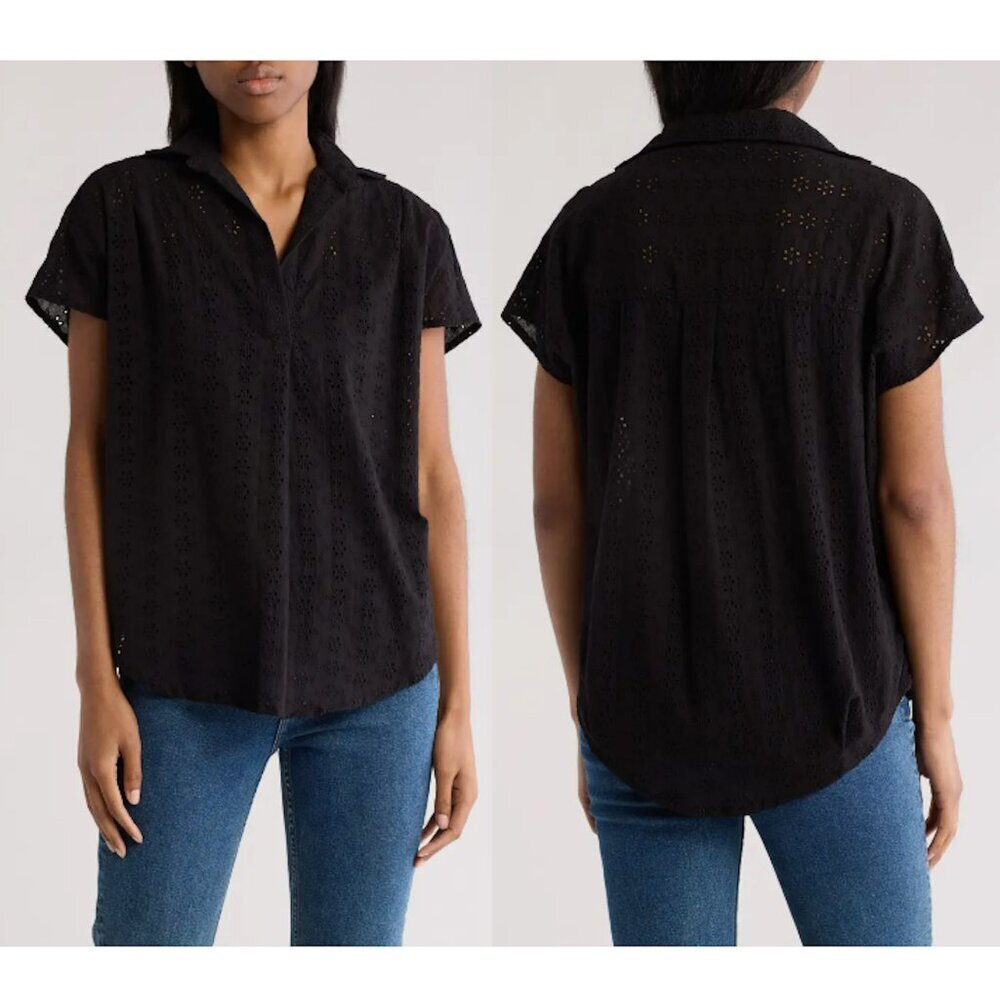 NWT New French Connection Rhodes Eyelet Black Cotton Top Blouse Size 10